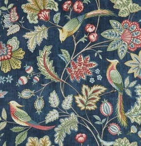 Rebozuelos Azul Marino Ornamentado Pájaro Cortina de Algodón Floral Tela - Imagen 1 de 24