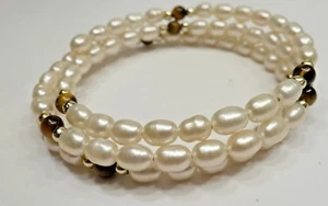 A7) Freshwater Pearl and Tiger Eye Beaded Bracelet - Picture 1 of 2
