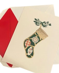 Biglietto per vacanze Crane & Company Christmas Stocking Ecru e busta foderata rossa - Foto 1 di 8