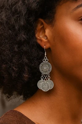 Pendientes Gitanos Lámpara Moneda Chico Plata Antigua Antigua Boho India De Colección Circonita Foto 1 de 4