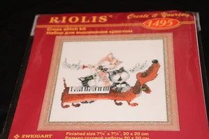 Musikalischer Hund Katze Dackel Kätzchen singend Riolis gezählt Kreuzstich-Set Neu in Verpackung - Bild 1 von 1