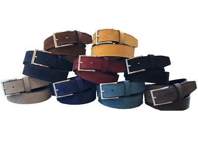 CINTURÓN DE CUERO DE GAMUZA ITALIANO PARA HOMBRE AZUL NEGRO TOSTADO BORGOÑA S M L XL XXL 35 MM Foto 1 de 2