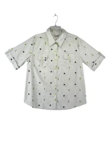 American Sweetheart Women Sz L Blouse Green Striped Sea Themed Novelty Button Up - Picture 1 of 19
