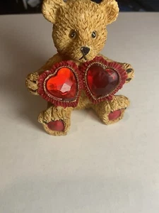 Vintage VDay Ceramic Bear Faux Jewel Collectible Holding Hearts - Picture 1 of 5