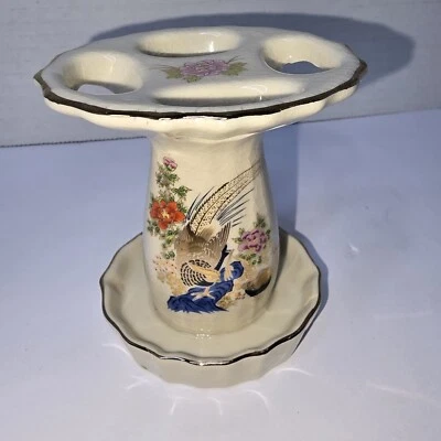 Vintage Japanese Toothbrush Holder Made in Japan Gold Bird Floral - Изображение 1 из 4