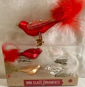 Mini Glas Vogel Weihnachtsschmuck mit Federn Clip auf 5er Set (LESEN) - Bild 1 von 11