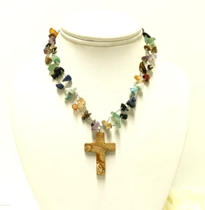 NATURAL GEMSTONE CROSS PENDANT BEAD NECKLACE 18" - Picture 1 of 5