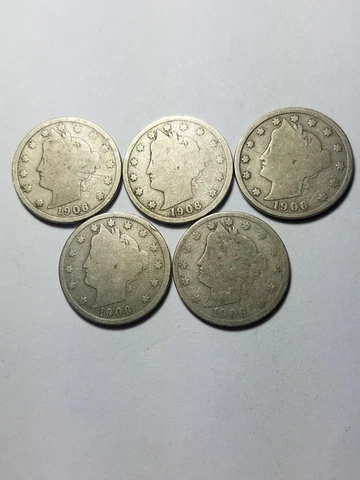 Five (5) Same Date Liberty V Nickel Lot - Fair to Very Good Condition 1906 Cover