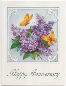 Tarjeta de aniversario vintage de mariposas naranjas lilas años 90 con sobre sin usar - Imagen 1 de 5