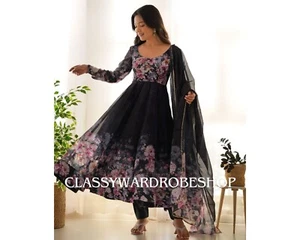 Black Anarakli Gown Floral Gown Partywear dress Full Stitched set Oragnza Gown - Picture 1 of 8