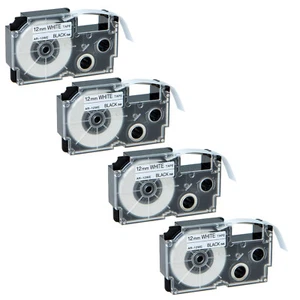 4PK 12mm Black on White Label Compatible with Casio XR-12WE KL-750 Tape 1/2" - Picture 1 of 10
