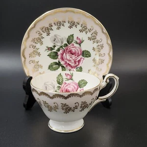 Vintage EB Foley Pink & Gold Floral Gilt Tea Cup & Saucer W Pink & White Roses - Picture 1 of 14