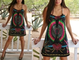 New Womens BLACK NATIVE INDIAN FEATHER BOHEMIAN DRESS SILKY BOHO SUNDRESS S M - Picture 1 of 5