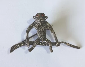 Vintage Marcasite Brooch: Nude Monkey on Branch - Picture 1 of 8