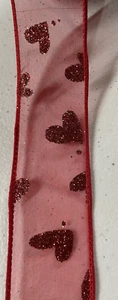 RED SHEERED RIBBON WITH GLITTERED HEARTS - Picture 1 of 3