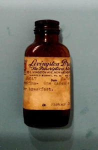 1953 TYPED PAPER LABEL AMBER MEDICINE BOTTLE Livingston Drugs NEW BRUNSWICK NJ - Picture 1 of 4