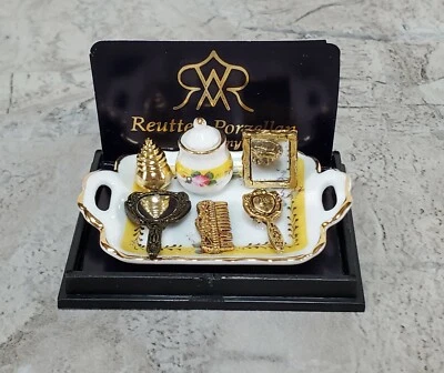 Dollhouse Vanity Set Mirror Comb Perfume Brush Reutter Porcelain 1:12 Scale