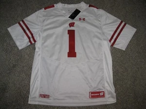 Wisconsin Badgers White #1 Mens Premier Twill Under Armour Footabll Jersey - Picture 1 of 5