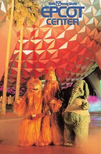 Postcard Three of Epcot's characters pose for photo at base of Spaceship Earth - Picture 1 of 2