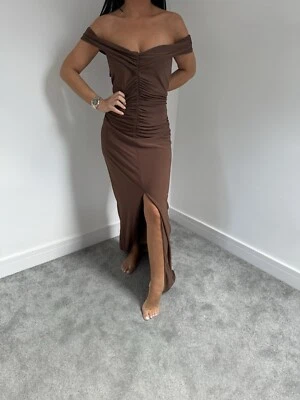 VESTIDO LIPSY TAMANHO 16 MARROM BARDOT RUCHED JERSEY PESADO MAXI NOVO COM ETIQUETAS - Imagem 1 de 4