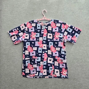 VINTAGE Care Bears Women Scrub Top Medium Pink Hearts Allover Print Short Sleeve - Picture 1 of 8