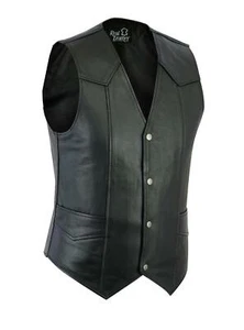 Mens Genuine Black Leather Classic Motorcycle Biker Style Waistcoat Vest Plain - Picture 1 of 3