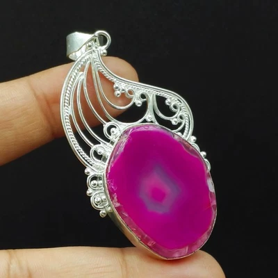 Colgante hecho a mano de plata de ley 925 con piedras preciosas de ágata musgo rosa natural Foto 1 de 4