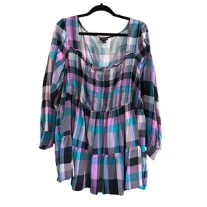 Torrid Women's Plus Size Smocked Tiered Plaid Top Pink/Blue/Black Size 4 4X - Picture 1 of 4