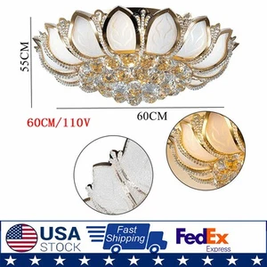 Flush Mount 7 Head Crystal Lotus Chandelier Elegant Gold LED Ceiling Lamp TOP - Picture 1 of 22