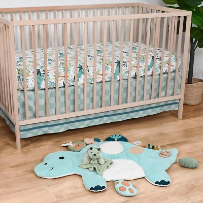 Blue Dino Tummy Time Mat y manta de seguridad con 2 piezas juego de ropa de cama unisex para cuna de bebé Foto 1 de 4