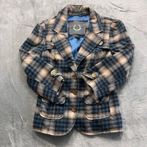 Guess Blazer Jacket Womens M Blue Tan Black Plaid Fitted 3/4 Sleeve Preppy - Picture 1 of 8