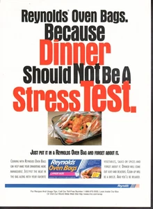 Publicidad impresa vintage anuncio Reynolds bolsa horno cena no es una prueba de estrés 1996 anuncio - Imagen 1 de 1
