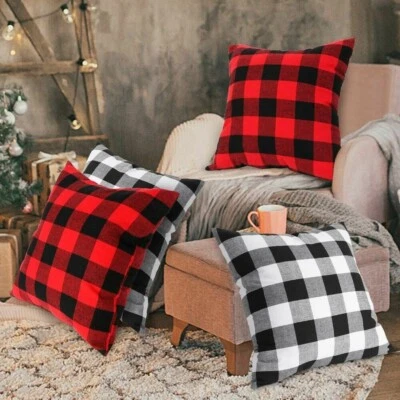 2 PCS Red and Black Buffalo Check Plaid Throw Pillow Case Covers 18 x 18 Inches - Imagem 1 de 4