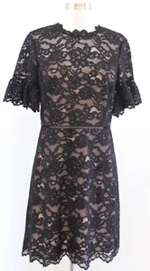 Rebecca Taylor Black Scalloped Lace Illusion Flare Sleeve Dress Size 6 Cocktail - Picture 1 of 9