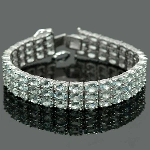 Joyería de tenis de tres líneas de plata esterlina 925 con piedras preciosas de aguamarina natural de 6X4 mm - Imagen 1 de 8