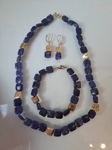 Set gioielli, collana, bracciale, orecchini, argento 925 placcato oro con pietre blu - Foto 1 di 4