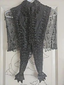 VICTORIAN 1870’S BLACKSILK & CHARCOAL BEAD MANTLE CAPE AU BON MARCHE A BOUCICAUT - Picture 1 of 9