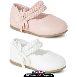 Baby Girls Bow Shoes Mary Jane Easy Slip On Faux Leather White Pink UK3 UK8 - Picture 1 of 5