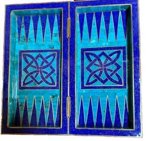 Handmade, Wood Backgammon Board, Wood Chess Board, Inlaid Mother Gemstones (14") - Picture 1 of 17
