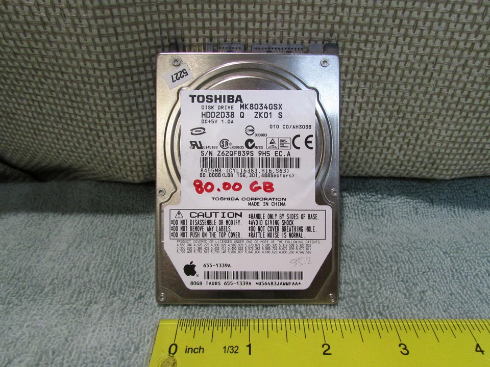 Toshiba 80.00GB SATA 2.5" Hard Drive APPLE p/n 655-1339A - Image 1 of 1