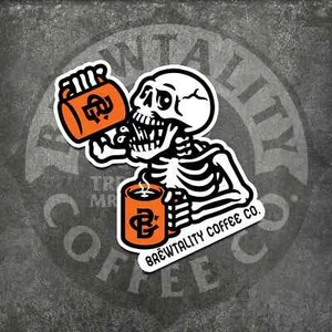 ONE BREWTALITY COFFEE Co "SKELLY DOUBLE-MUGGERS" AUFKLEBER Aufkleber. Riesige 4,7" x 3,3" - Bild 1 von 1