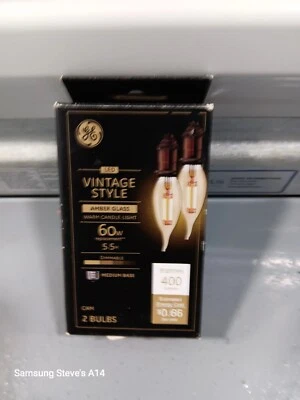 GE Vintage Style LED Warm Candle Dimmable 60w Amber  400 Lumens 2 Bulbs MED base - Image 1 of 3