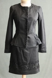 Blumarine Italy IT 40 Schwarz Perlen Kristall 2tlg Baumwolle Blazer Rock Anzug Set - Bild 1 von 9