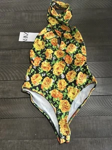 Zara Women’s Medium Yellow Floral Halter Top 1 Piece Swimsuit - Picture 1 of 5