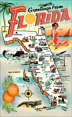 Impresión de póster vintage de Florida Greetings 1950 estilo retro viaje arte de pared decoración Foto 1 de 4
