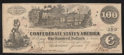 T-39 1862 $100 CONFEDERATE CURRENCY TRAIN NOTE  CIVIL WAR MONEY 3073 - Image 1 of 2
