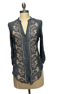 Tiny Womans Button Up Top Blouse S Floral embroidery Boho Cottage Y2K Teal Blue - Picture 1 of 16
