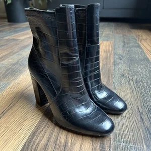 ALDO Croc‑Embossed Black Ankle Boots Women’s Size 6 Side Zip Block Heel - Picture 1 of 9