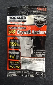 Toggler 50325 Plastic Toggle 5/8" Drywall Anchors, New Package of 5 - Picture 1 of 2