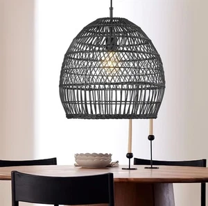 ELYONA Modern Black Rattan Pendant Light, 16” Large Wicker Chandelier, Han - Picture 1 of 4